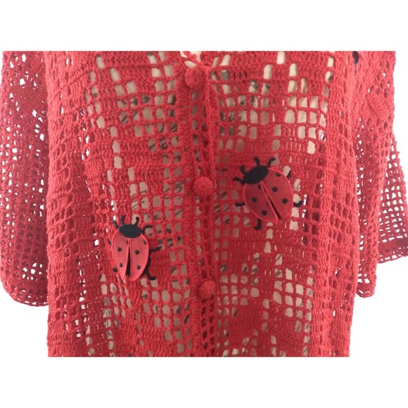Morgan Cole open knit red button unique cardigan w/ Ladybugs measures Large/XL - Picture 16 of 16